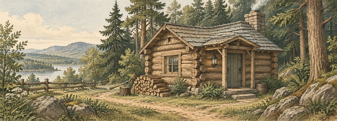 Sonderland’s engraved illustration of a cabin in the woods