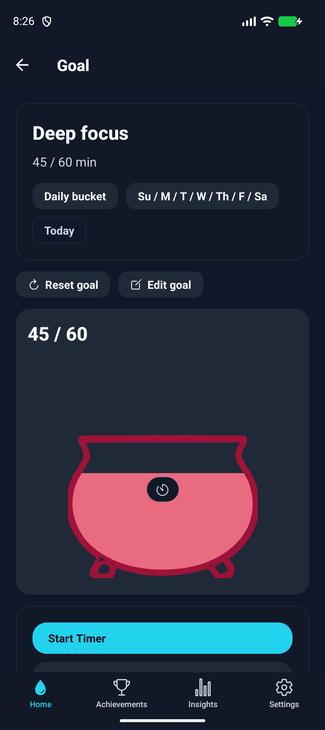 Deep focus daily goal with 45 of 60 minutes in a rose cauldron