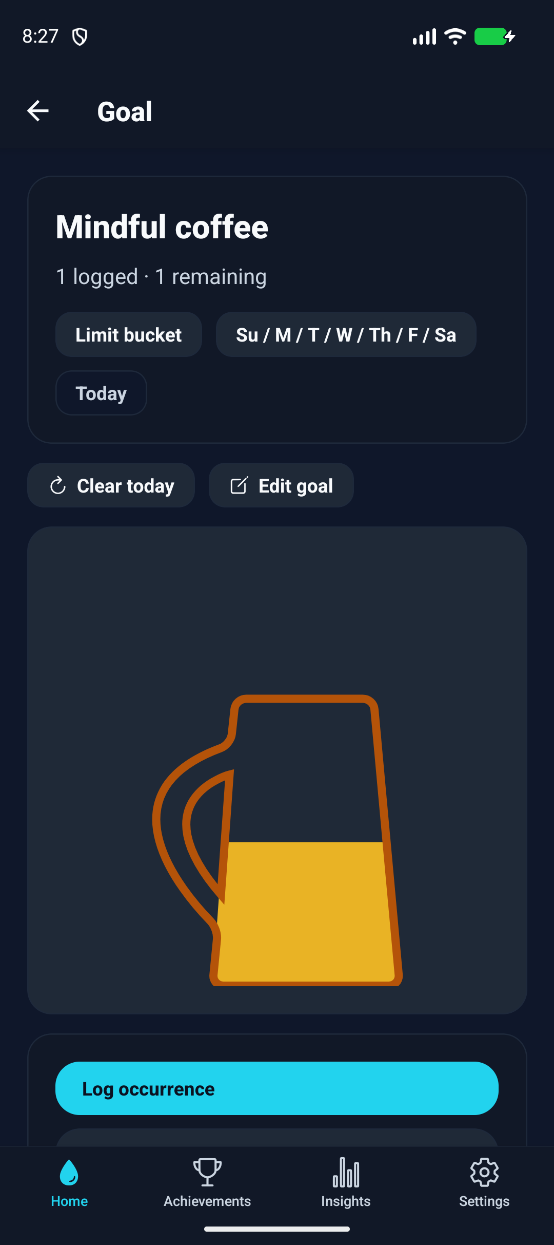 Mindful coffee limit goal showing one occurrence out of two in an amber mug