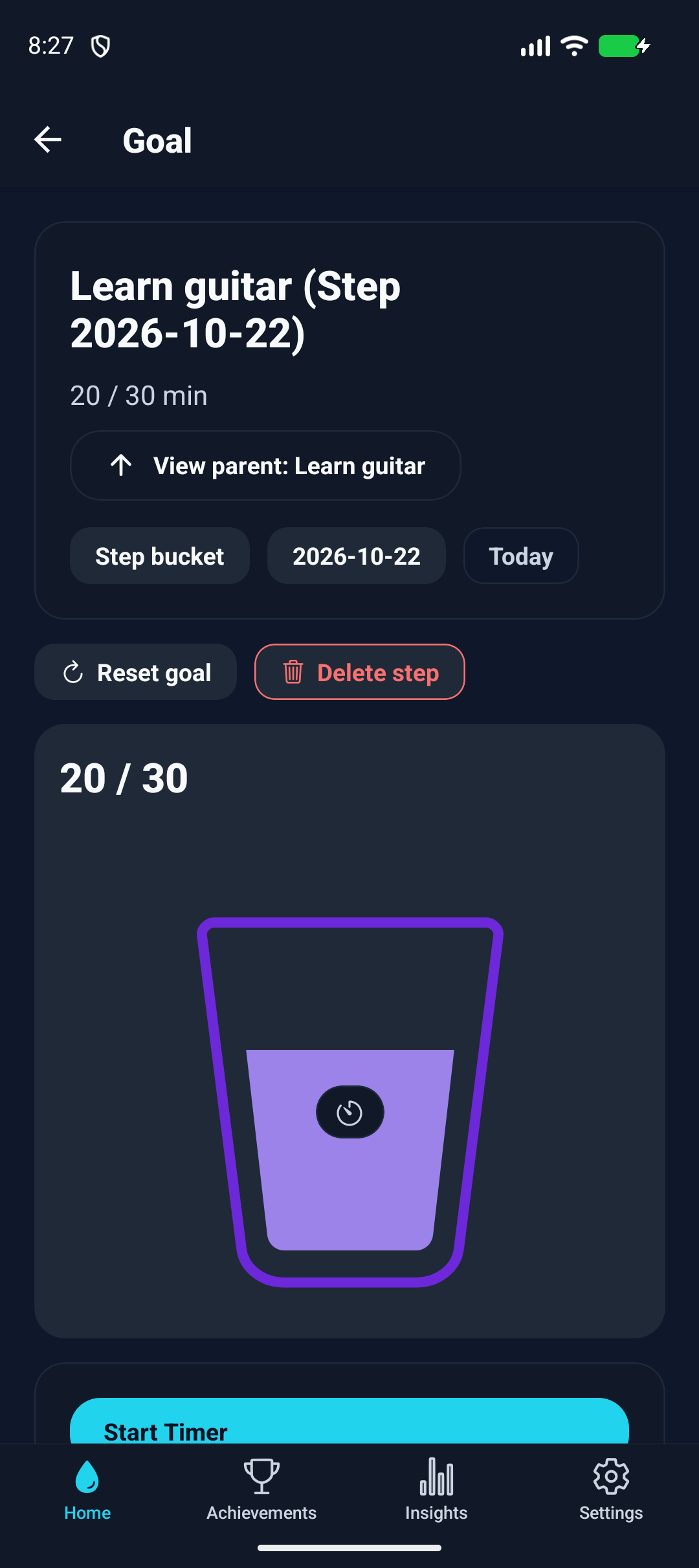 Learn guitar step goal with 20 of 30 minutes in a violet tub