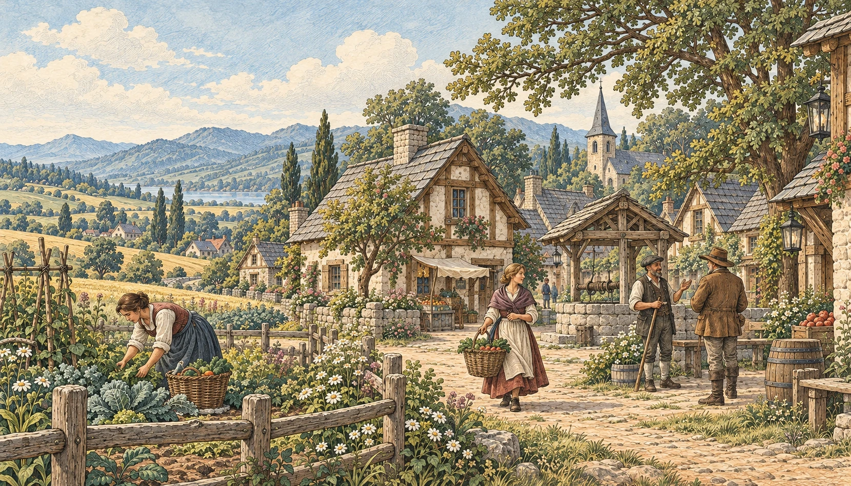 An engraved watercolor illustration of a gardener, a basket-carrying villager, and neighbors beside a stone well in Sonderland